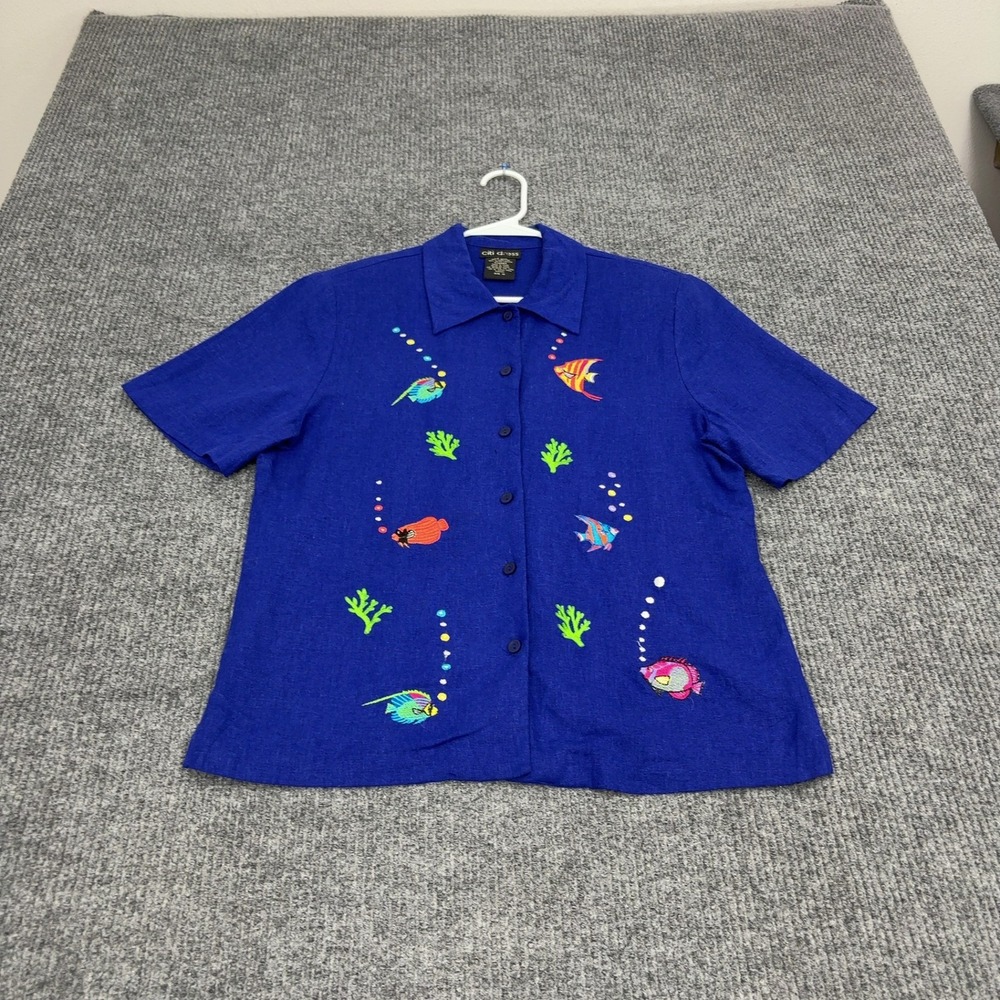 Vintage Citi Dress Shirt Womens 10 Blue Linen Rayon Fish Embroidered Tropical